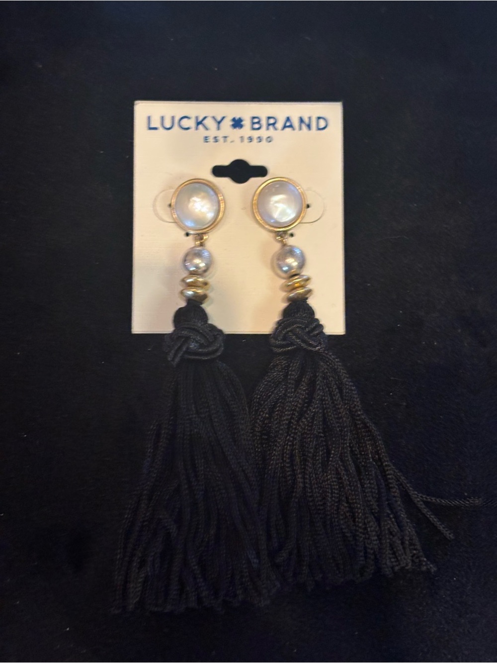 Lucky Brand Black Tassel Drop Earrings with Pearl and Gold Accents